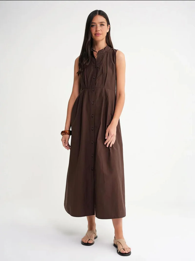MixRay Coffee Brown Mixray Buttoned Tippet Collar Maxi Dress for Women | Best Price UAE
