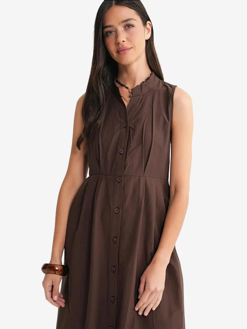 MixRay Coffee Brown Mixray Buttoned Tippet Collar Maxi Dress for Women | Best Price UAE