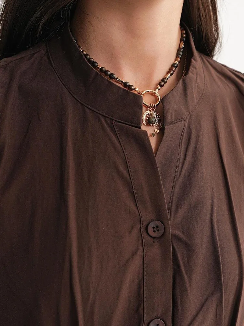 Mixray Coffee Brown Mixray Buttoned Tippet Collar Maxi Dress for Women | Best Price UAE