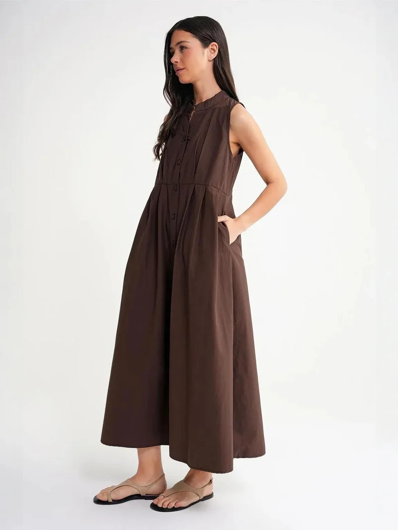 Mixray Coffee Brown Mixray Buttoned Tippet Collar Maxi Dress for Women | Best Price UAE