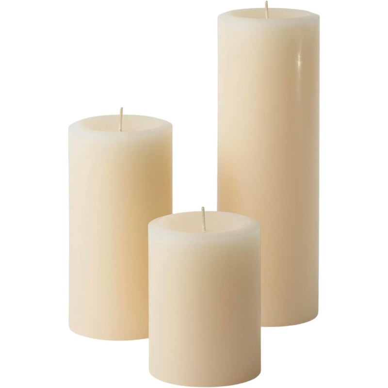 Mister Candle Ivory Unscented Dripless Candles Set of 3 3 Inch Diameter Hand Poured Premium Wax Decorative Pillar Candles 3 x 4 3 x 6 and 3 x 9 Ivory