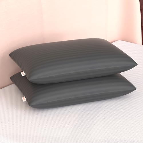 HAUSWAY Soft Pillows for Sleeping | Microfiber Thin Pillows for Sleeping with Adjustable Height | Soft & Supportive with 6-Month Warranty | 41x61 cm Grey Stripe, Washable Cover | Pillows Set 2 - Image 1
