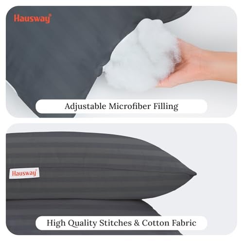 HAUSWAY Soft Pillows for Sleeping | Microfiber Thin Pillows for Sleeping with Adjustable Height | Soft & Supportive with 6-Month Warranty | 41x61 cm Grey Stripe, Washable Cover | Pillows Set 2 - Image 4
