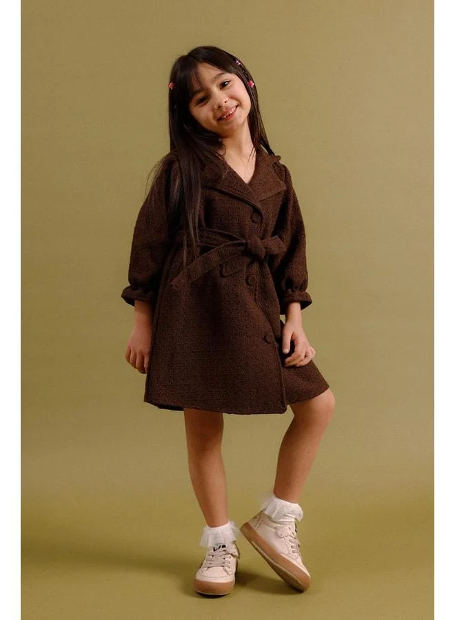 Perendi Girl's Buttoned Belted Fakir Sleeve Trench Coat Dress – Special Occasion Set.