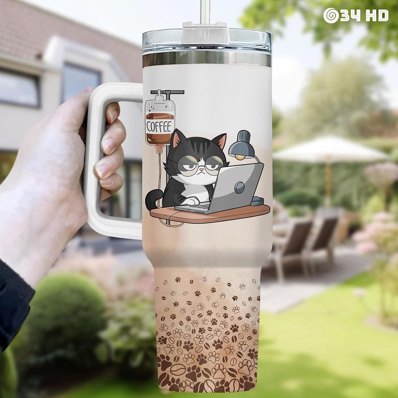 34HD Tuxedo Cat Tumbler 40oz Stainless Steel with Handle and Straw, It's Fine I'm Fine Mug, Funny Cat Travel Mug, Mothers Day Gifts for Tuxedo Mom - Image 5