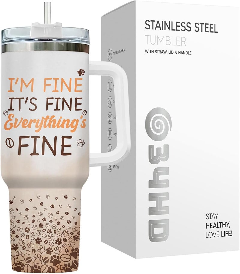 34HD Tuxedo Cat Tumbler 40oz Stainless Steel with Handle and Straw, It's Fine I'm Fine Mug, Funny Cat Travel Mug, Mothers Day Gifts for Tuxedo Mom - Image 3