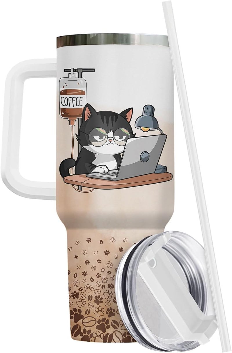 34HD Tuxedo Cat Tumbler 40oz Stainless Steel with Handle and Straw, It's Fine I'm Fine Mug, Funny Cat Travel Mug, Mothers Day Gifts for Tuxedo Mom - Image 2