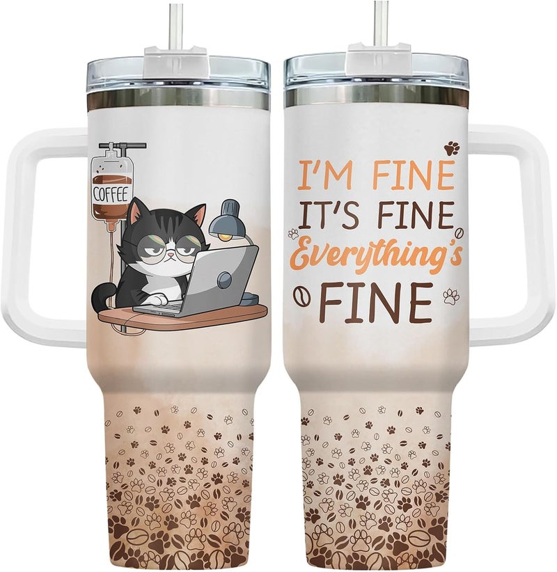 34HD Tuxedo Cat Tumbler 40oz Stainless Steel with Handle and Straw, It's Fine I'm Fine Mug, Funny Cat Travel Mug, Mothers Day Gifts for Tuxedo Mom - Image 1