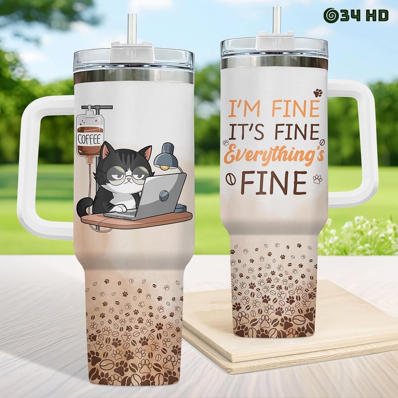 34HD Tuxedo Cat Tumbler 40oz Stainless Steel with Handle and Straw, It's Fine I'm Fine Mug, Funny Cat Travel Mug, Mothers Day Gifts for Tuxedo Mom - Image 4
