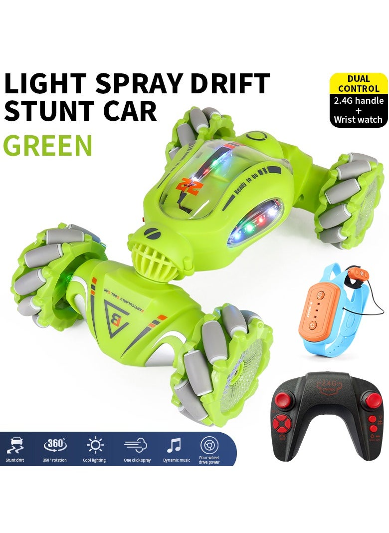 Dual Remote Control Four-Wheel Drive Watch Gesture Sensor Electric Toy Car, Music Light Spray Drift, Green, 25X15X6.5CM  - Image 1