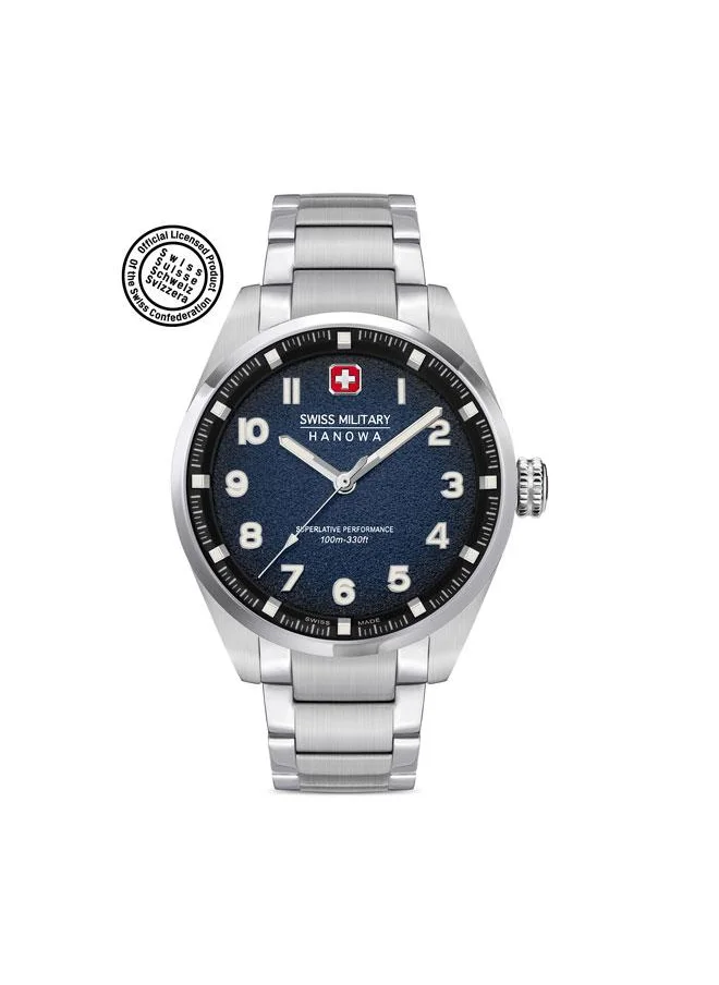 سويس ميليتري هانوا Greyhound 42mm Men's Watch with Blue Dial & Stainless Steel Bracelet