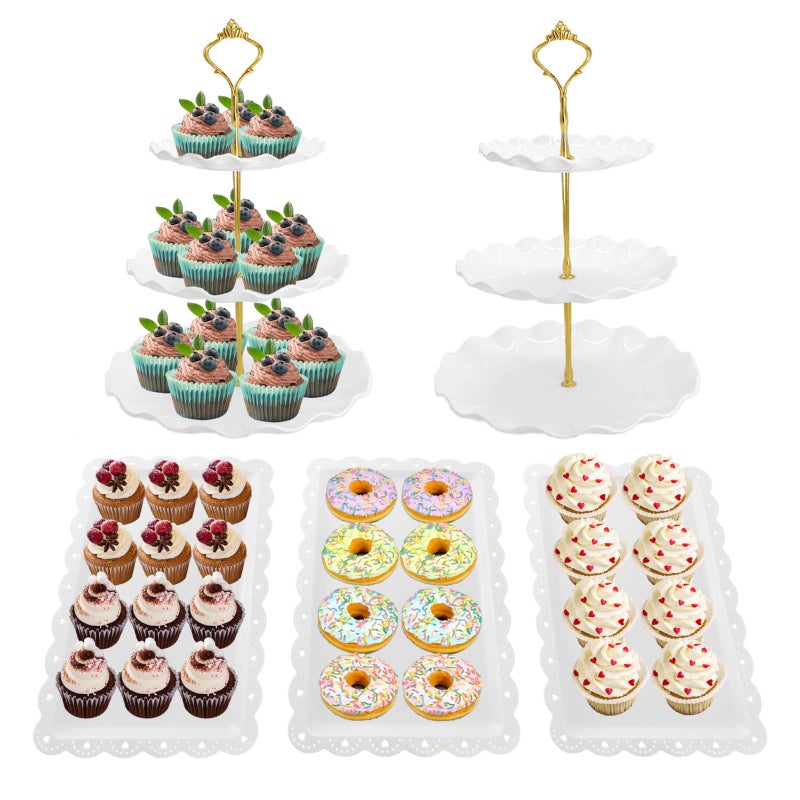 NAXIHOPT 5 Pcs Dessert Table Display Set, White Plastic 2 Pcs Round 3 Tier Cupcake Stand Cup Cake Tower Stand with Metal Rod & 3 Pcs Serving Tray for Baby Shower, Tea Party, Wedding, Birthday Party - Image 1