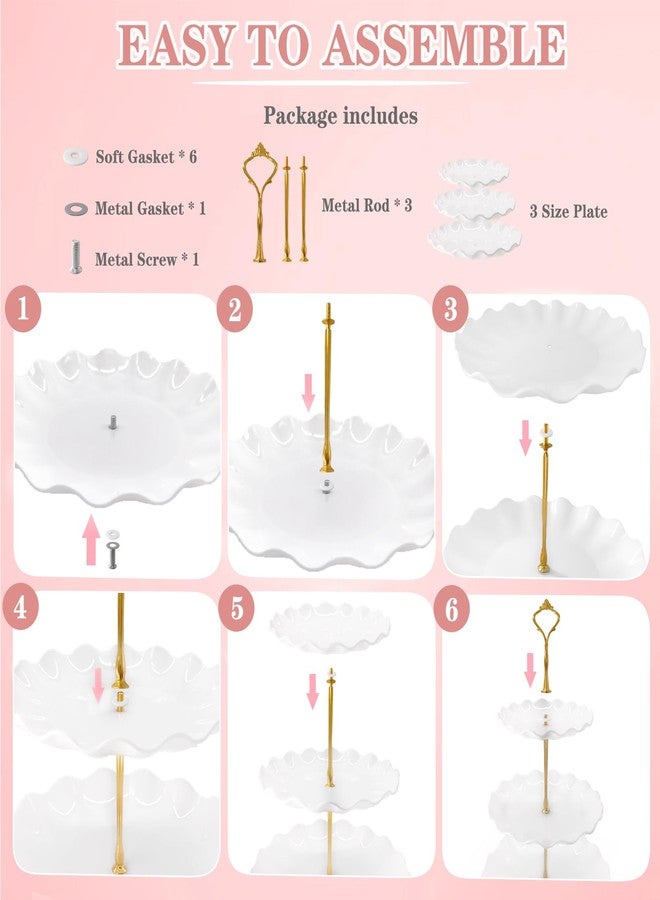 NAXIHOPT 5 Pcs Dessert Table Display Set, White Plastic 2 Pcs Round 3 Tier Cupcake Stand Cup Cake Tower Stand with Metal Rod & 3 Pcs Serving Tray for Baby Shower, Tea Party, Wedding, Birthday Party - Image 4