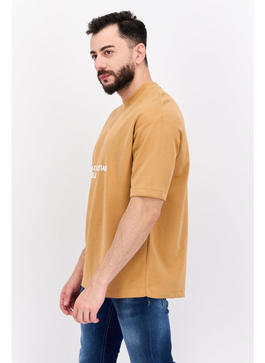 Blank Essentials - Men Round Neck Short Sleeve Brand Logo T-Shirt, Camel Brown - Image 1