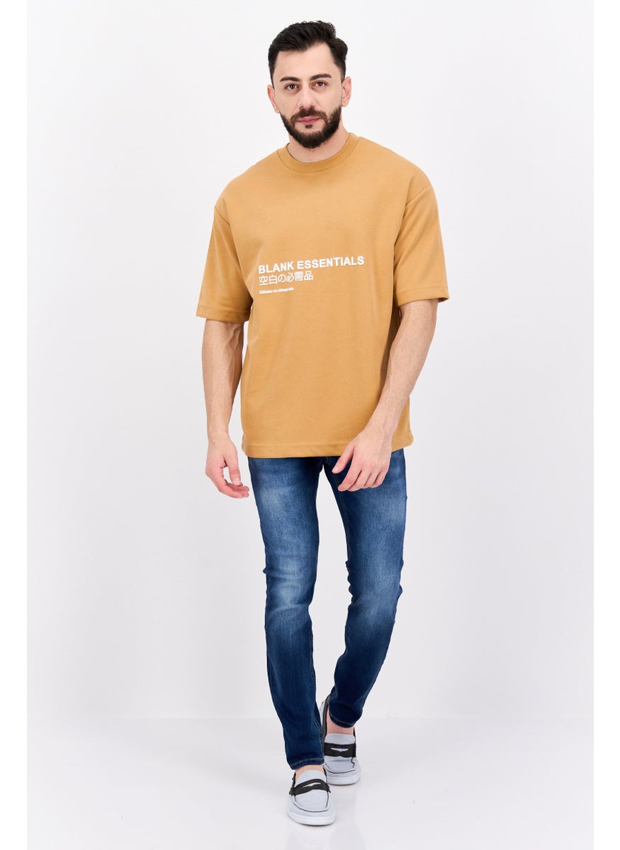 Blank Essentials - Men Round Neck Short Sleeve Brand Logo T-Shirt, Camel Brown - Image 1