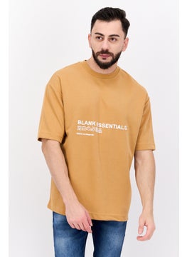 Men Round Neck Short Sleeve Brand Logo T-Shirt, Camel Brown