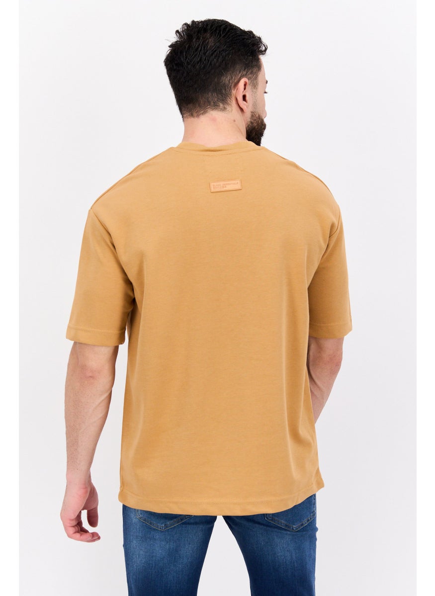 Blank Essentials - Men Round Neck Short Sleeve Brand Logo T-Shirt, Camel Brown - Image 1