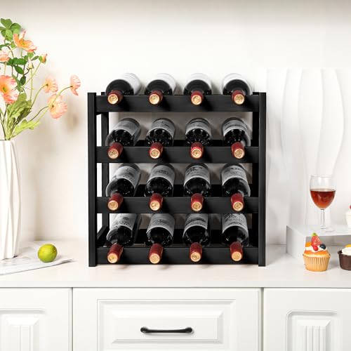 VASMIA Wine Rack, 4-Tier Bamboo Wine Racks Countertop,Sturdy and Durable Wine Storage Cabinet Shelf,16 Bottles Wine Holder for Kitchen Pantry, Black - Image 3