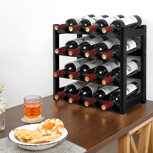 VASMIA Wine Rack, 4-Tier Bamboo Wine Racks Countertop,Sturdy and Durable Wine Storage Cabinet Shelf,16 Bottles Wine Holder for Kitchen Pantry, Black - Image 2