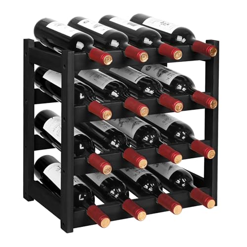 VASMIA Wine Rack, 4-Tier Bamboo Wine Racks Countertop,Sturdy and Durable Wine Storage Cabinet Shelf,16 Bottles Wine Holder for Kitchen Pantry, Black - Image 1