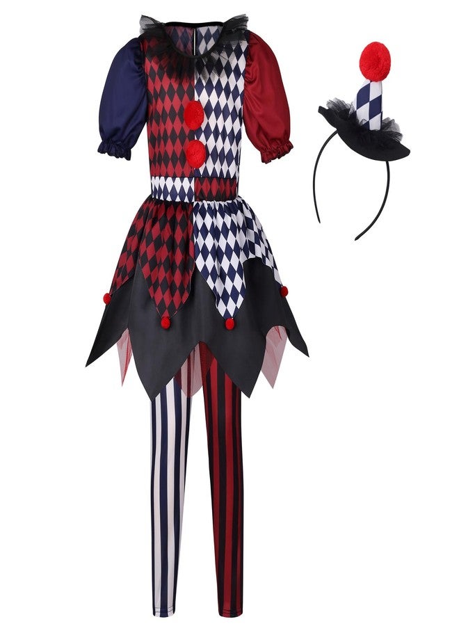 GRAJTCIN Kids Clown Costume for Girls Scary Halloween Cosplay Costumes Carnival Party Outfit Jester Dress (M, Red & Blue) - Image 1