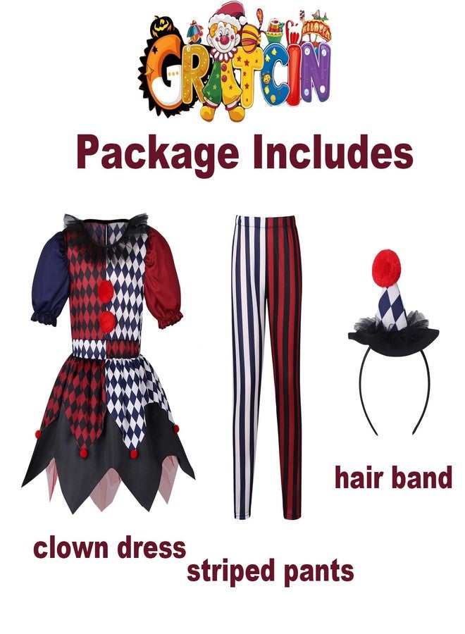 GRAJTCIN Kids Clown Costume for Girls Scary Halloween Cosplay Costumes Carnival Party Outfit Jester Dress (M, Red & Blue) - Image 2