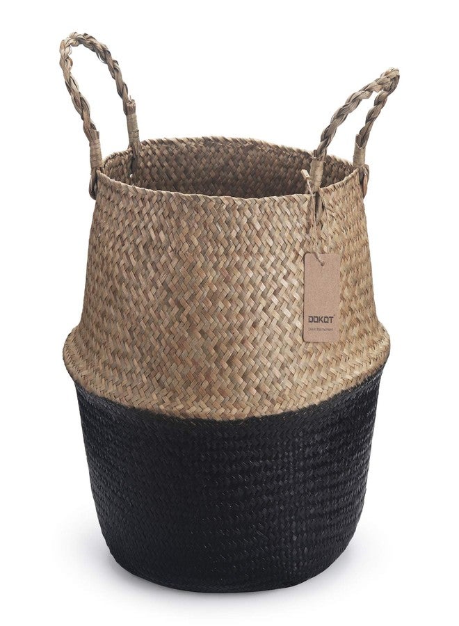 DOKOT Seagrass Belly Basket with Handles Natural Woven Planter Baskets for Indoor Plants Storage Laundry (Black 8 inch D x 9 inch H) - Image 1