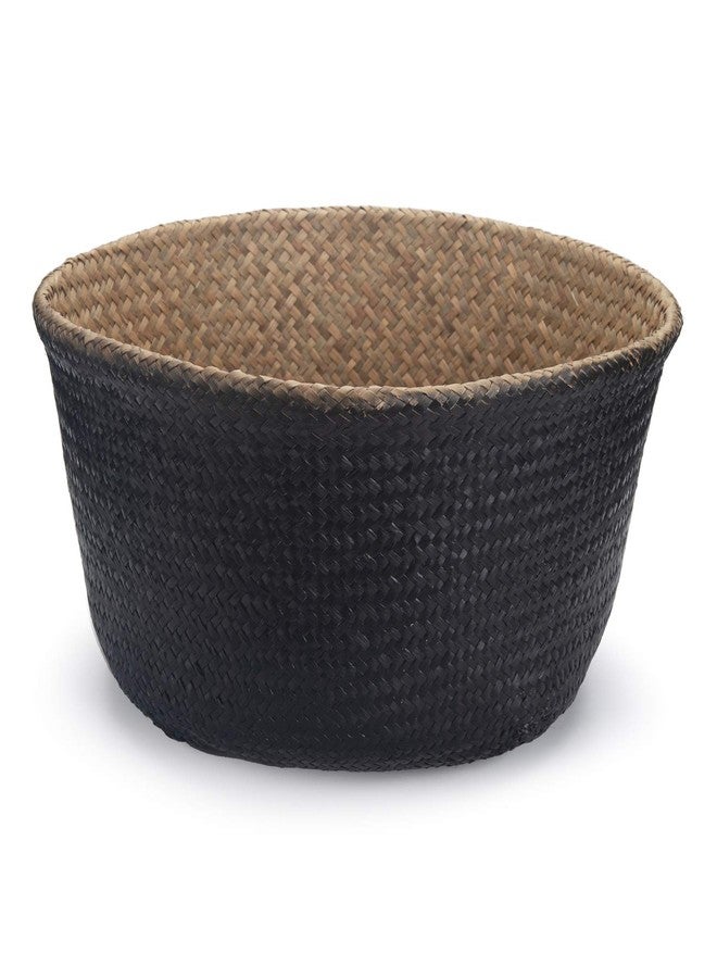 DOKOT Seagrass Belly Basket with Handles Natural Woven Planter Baskets for Indoor Plants Storage Laundry (Black 8 inch D x 9 inch H) - Image 2