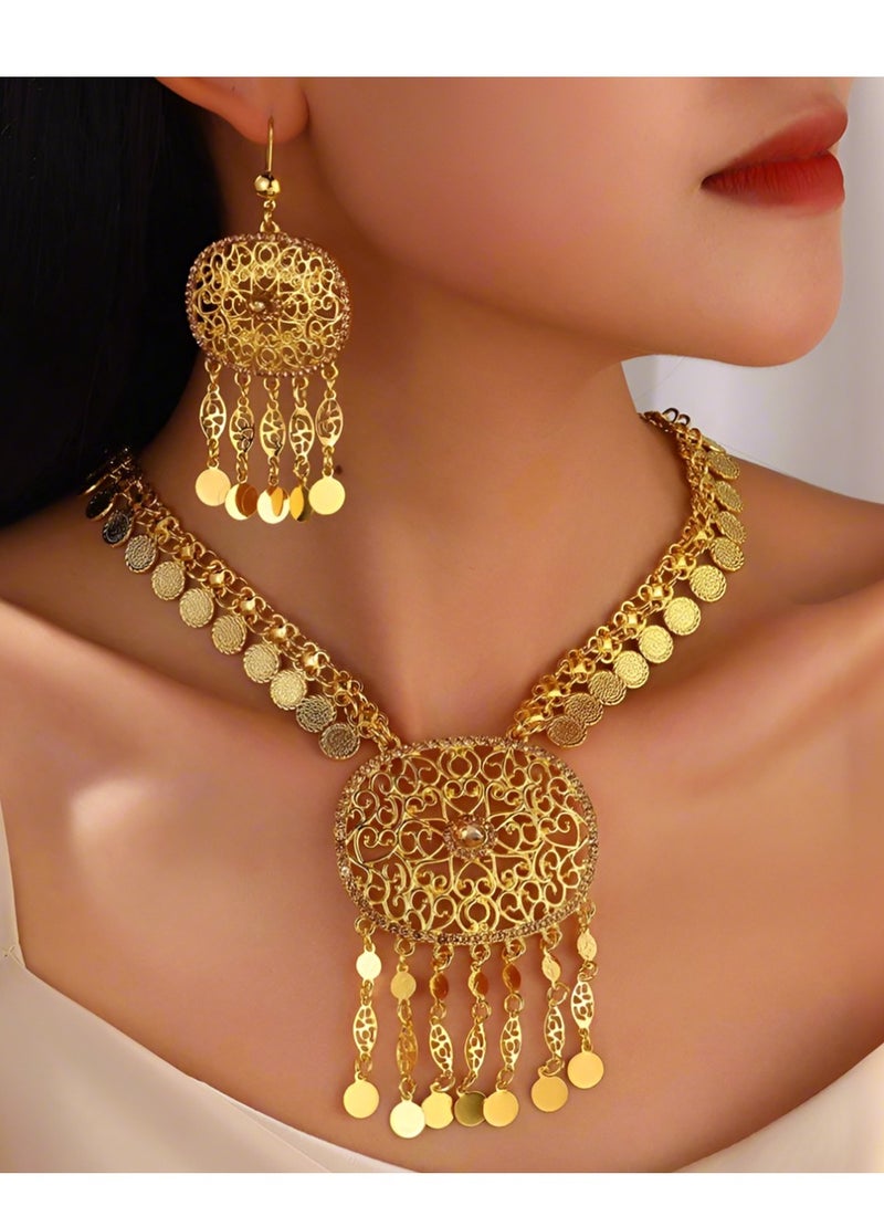 Jewelry set gold geometric hollow carved tassel necklace earrings (alloy) - Image 1
