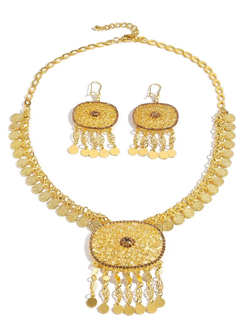 Jewelry set gold geometric hollow carved tassel necklace earrings (alloy) - Image 2