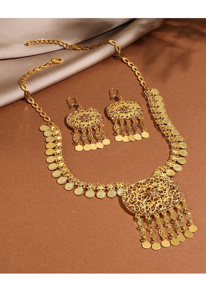 Jewelry set gold geometric hollow carved tassel necklace earrings (alloy) - Image 3