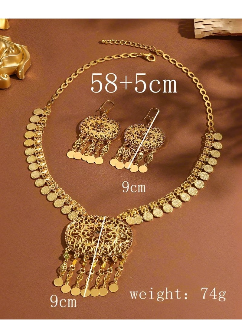 Jewelry set gold geometric hollow carved tassel necklace earrings (alloy) - Image 4