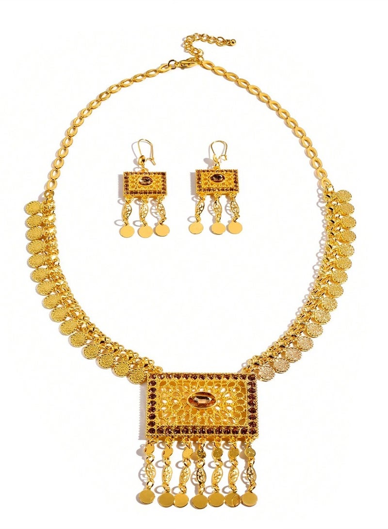 Jewelry set gold geometric hollow carved tassel necklace earrings (alloy) - Image 5