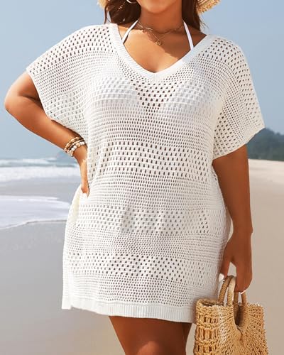 Yonique Plus Size Swimsuit Cover Up - Crochet Swim Cover Up 2025 Bathing Suit Short Sleeve Beach Dress White 18W - Image 3