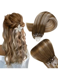 16 Inch Microlinks Human Hair Extensions Balayage Brown Micro Ring Extensions Real Human Hair Ombre Medium Brown Fading To Platinum Blonde Micro Beads Hair Extensions 50Strands 50G 1G S