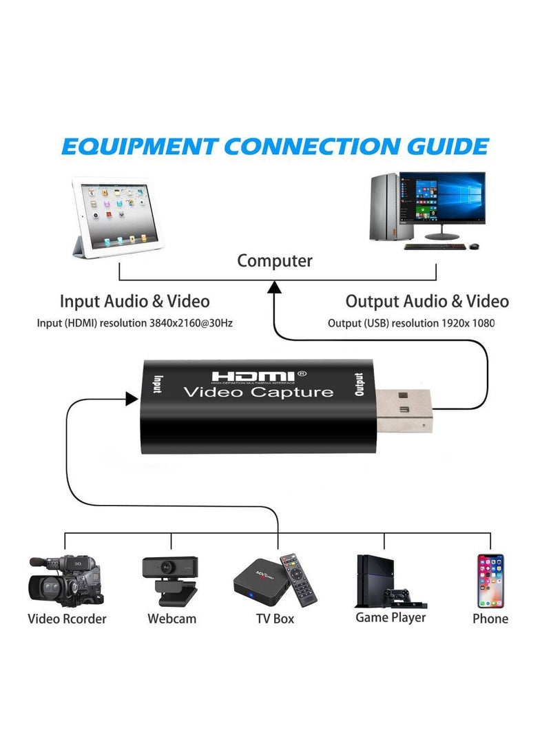 Generic - بطاقة التقاط فيديو HDMI، بطاقة التقاط مطورة بدقة 1080 بكسل بمعدل 60 إطارًا في الثانية، محول التقاط الصوت لبطاقة Cam Link HDMI إلى USB 2.0 للألعاب والبث المباشر ونينتندو سويتش وبلاي ستيشن 3/4 وإكس بوكس - Image 1