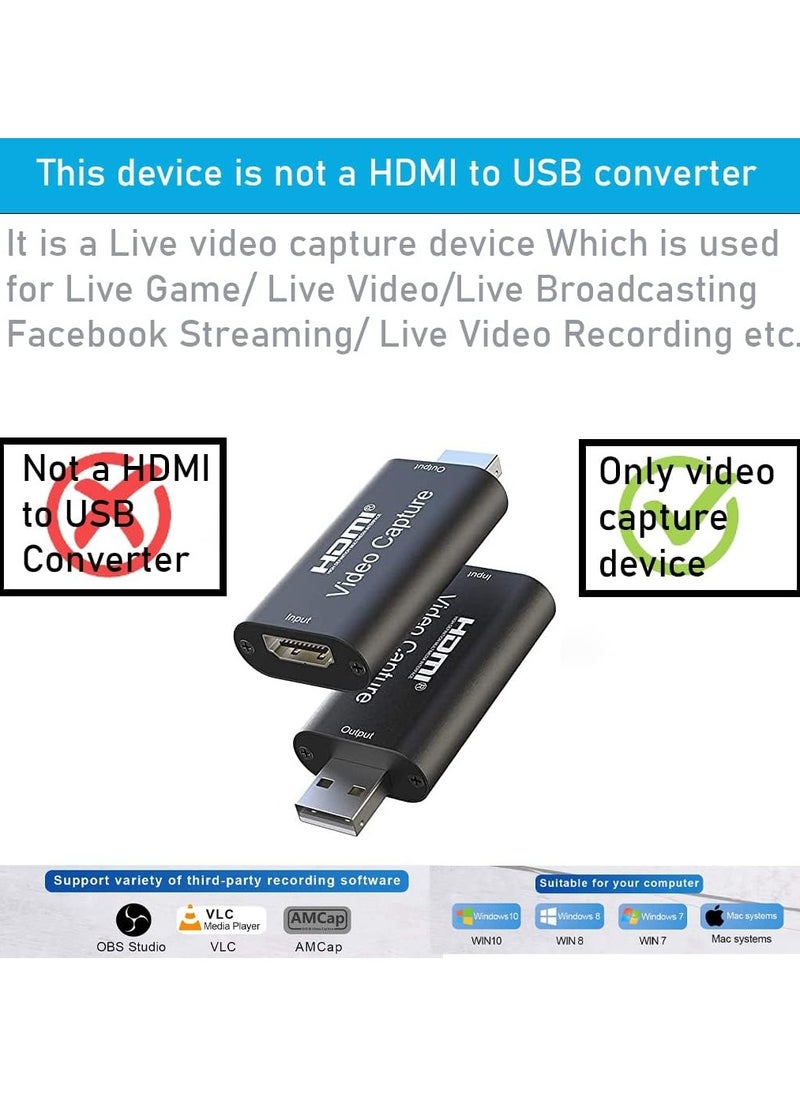 Generic - بطاقة التقاط فيديو HDMI، بطاقة التقاط مطورة بدقة 1080 بكسل بمعدل 60 إطارًا في الثانية، محول التقاط الصوت لبطاقة Cam Link HDMI إلى USB 2.0 للألعاب والبث المباشر ونينتندو سويتش وبلاي ستيشن 3/4 وإكس بوكس - Image 1