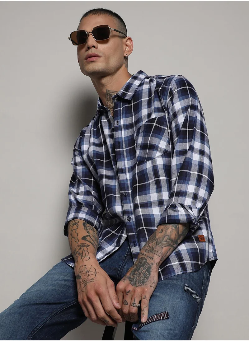 كامبوس سوترا Men's Navy Blue Tartan Plaid Shirt