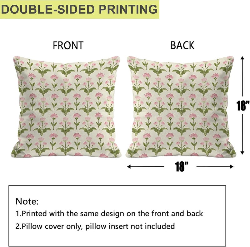 Identiy Pink Green Vintage Floral Throw Pillow Cover 18x18 Inch Pack of 2, Cute Blooming Flowers Decorative Pillow Case, Lumar Cushion Cases Pillow Cover for Home Sofa Couch Indoor Outdoor - Image 2