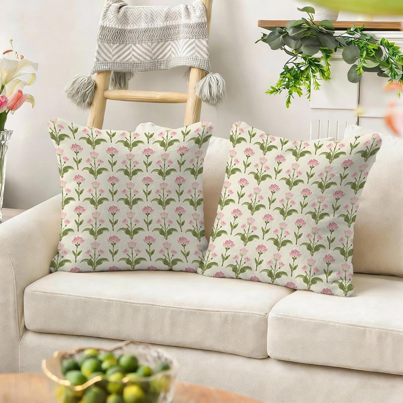 Identiy Pink Green Vintage Floral Throw Pillow Cover 18x18 Inch Pack of 2, Cute Blooming Flowers Decorative Pillow Case, Lumar Cushion Cases Pillow Cover for Home Sofa Couch Indoor Outdoor - Image 5