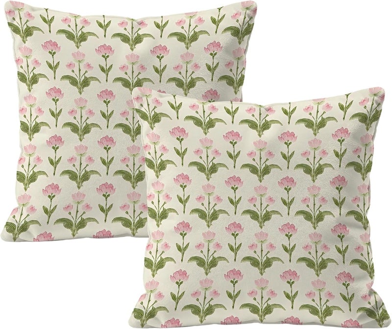 Identiy Pink Green Vintage Floral Throw Pillow Cover 18x18 Inch Pack of 2, Cute Blooming Flowers Decorative Pillow Case, Lumar Cushion Cases Pillow Cover for Home Sofa Couch Indoor Outdoor - Image 1