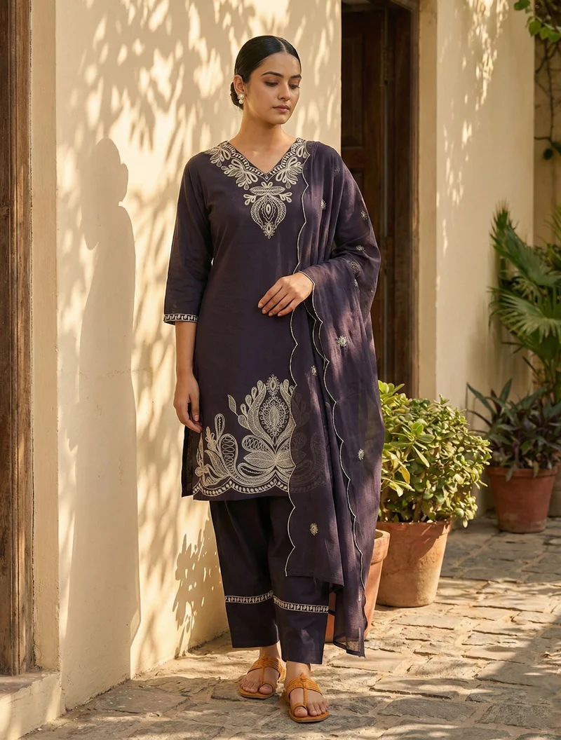 trueBrowns trueBrowns Black Embroidered Kurta Farsi Pant Dupatta Set