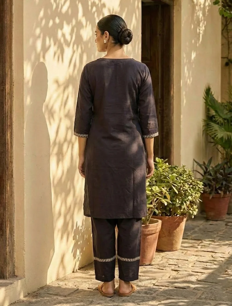 trueBrowns trueBrowns Black Embroidered Kurta Farsi Pant Dupatta Set