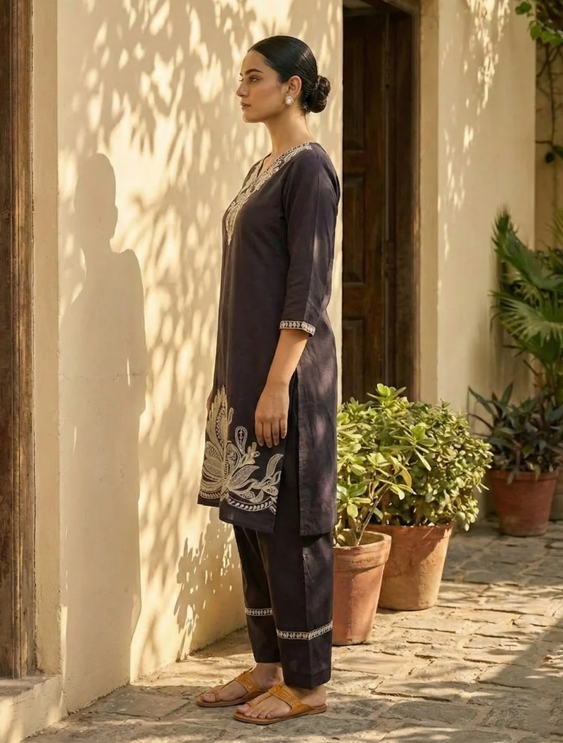 trueBrowns  trueBrowns Black Embroidered Kurta Farsi Pant Dupatta Set  | Best Price UAE