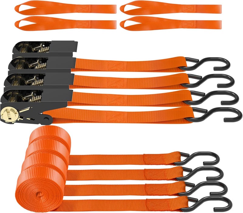 AWELCRAFT Ratchet Straps - 1500 lbs Breaking Strength, 4X 15ft Tie Down Strap Set with Soft Loops (Orange) - Image 1