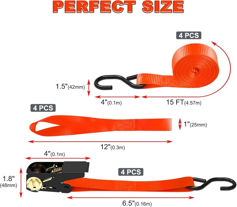 AWELCRAFT Ratchet Straps - 1500 lbs Breaking Strength, 4X 15ft Tie Down Strap Set with Soft Loops (Orange) - Image 2
