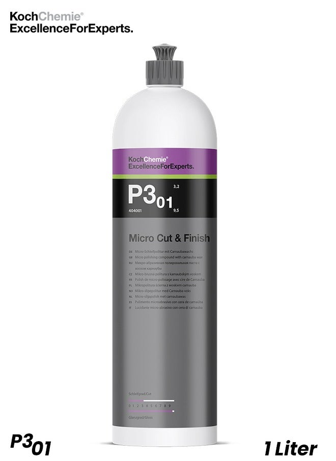كوش كيمي Koch Chemie Micro Cut and Finish ملمع سيارات عالي اللمعان سعة 1 لتر مع شمع الكارنوبا، مركب احترافي لتصحيح الطلاء وإزالة الدوامات، تركيبة تلميع دقيقة دقيقة لتفاصيل السيارات واستعادة اللمسات النهائية - P301  - Image 1