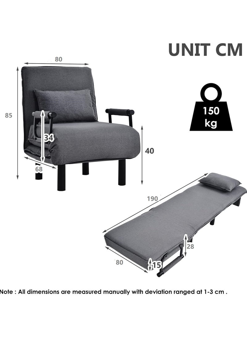 Organized Home - 3in1 Folding Arm Chair Convertible Sleeper Chair Leisure Recliner Lounge Couch Sofa Bed with Pillow and 5 Position Adjustable Backrest for Home Office (Gray) Width 80cm - Image 1