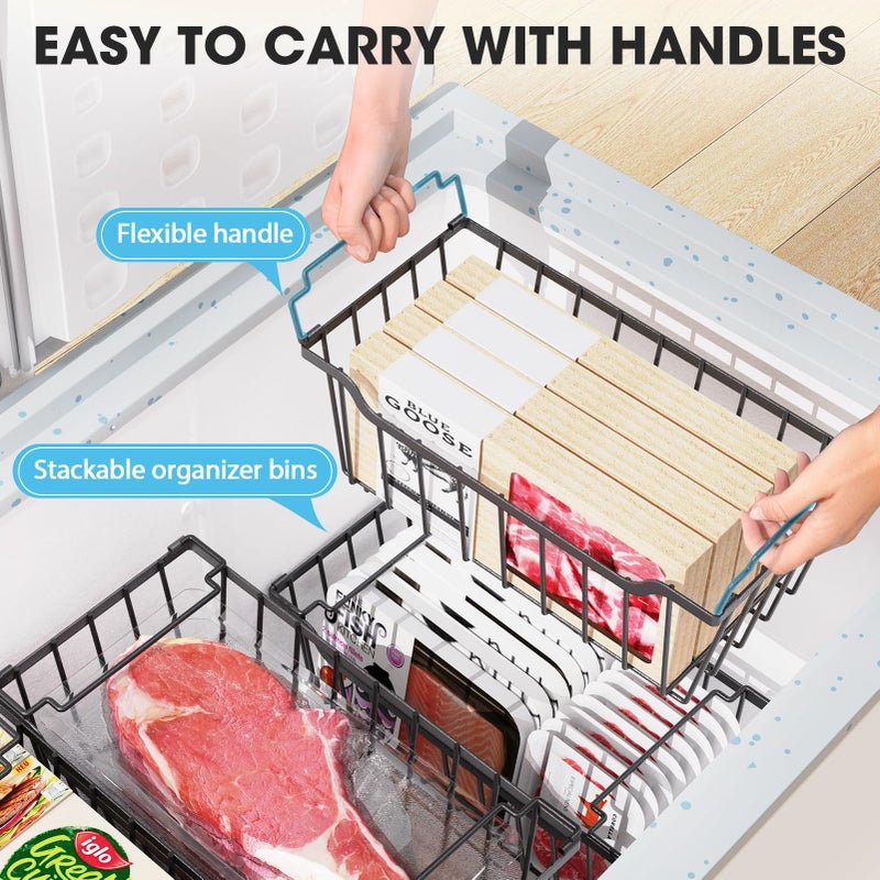 SUNALLY Freezer Organizer Bins, 4 Pack Stackable Chest Freezer Organizer for 5-7 Cu.FT Deep Freezer Sort Frozen Meats and Food, Freezer Storage Baskets with Handles Easy Reach from Bottom, Black - Image 4
