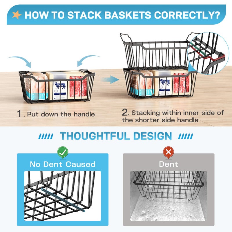 SUNALLY Freezer Organizer Bins, 4 Pack Stackable Chest Freezer Organizer for 5-7 Cu.FT Deep Freezer Sort Frozen Meats and Food, Freezer Storage Baskets with Handles Easy Reach from Bottom, Black - Image 3